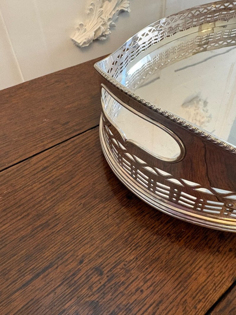 Antique Large Edwardian Silver Plated Oval Gallery Cocktail / Decanter Tray with Handles - Image 2